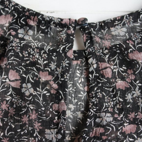 Sheer Black and Pink Floral Cold Shoulder Ruffle Top - Picture 7 of 7